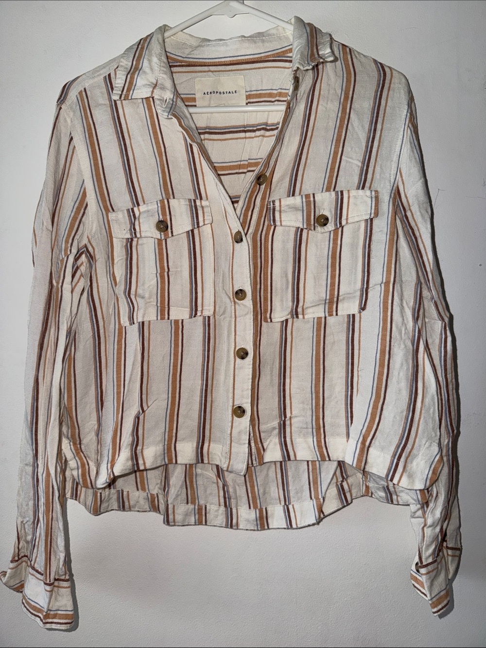 Aeropostale Cream Button-Down Shirt with Brown & Tan Stripes